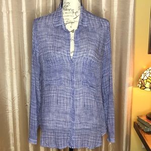 Cloth & Stone Grid Hipster Blue White Button Down Shirt Sheer Oversized Medium